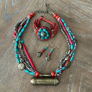 Bajalia Faux Coral‎ Turquoise & Brass Necklace Bracelet Earrings